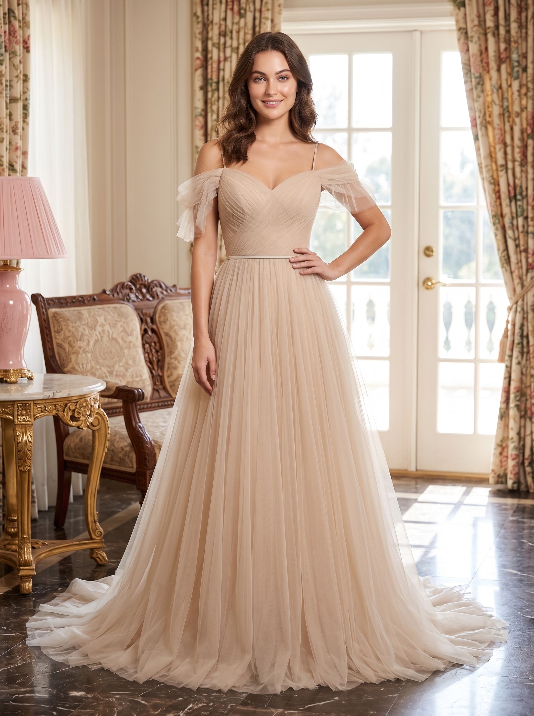 Champagne Tulle A-Line Off-the-Shoulder V-Back Floor-Length Dress with Layered Skirt - Curvevia