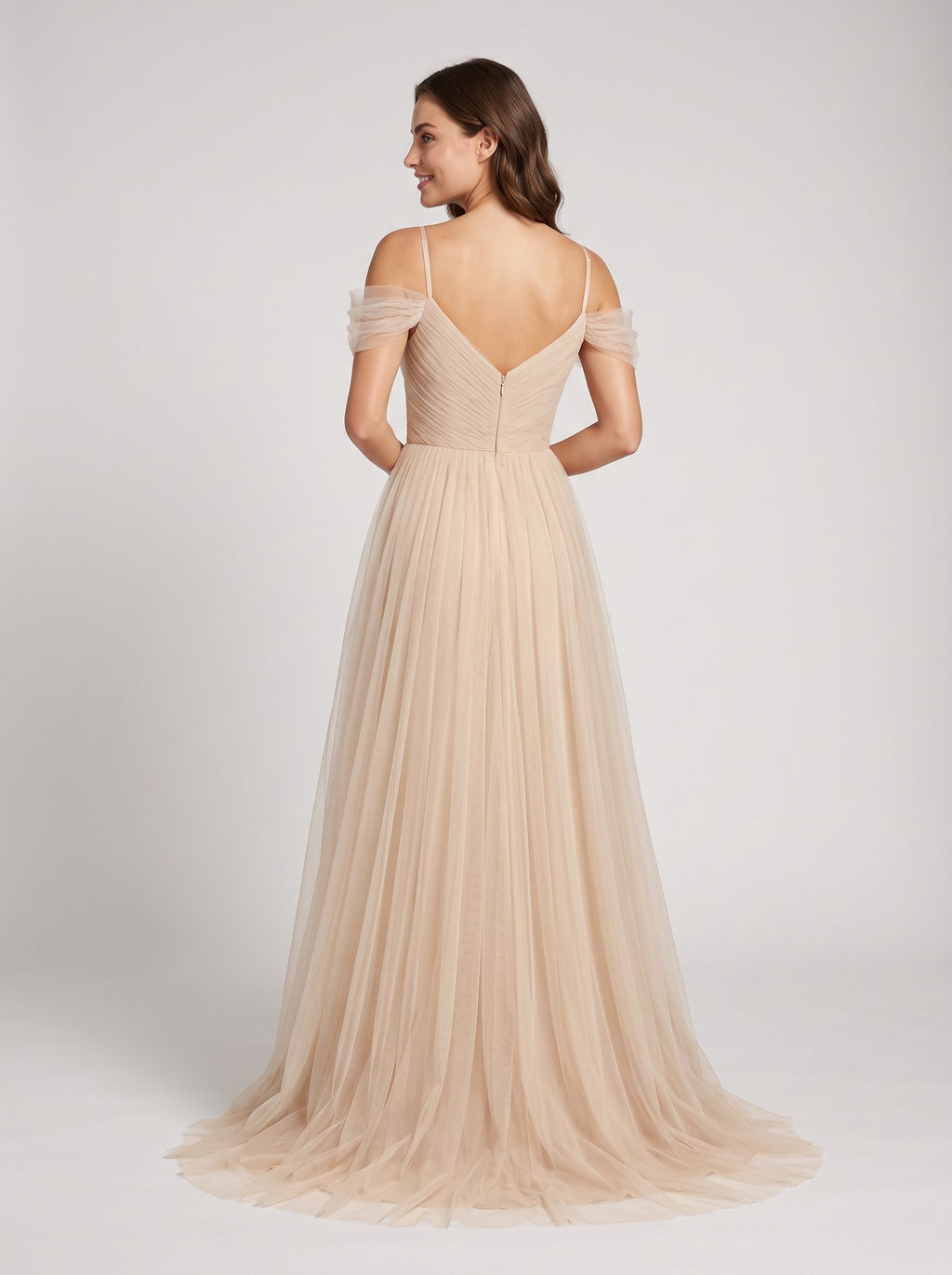 Champagne Tulle A-Line Off-the-Shoulder V-Back Floor-Length Dress with Layered Skirt - Curvevia