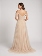 Champagne Tulle A-Line Off-the-Shoulder V-Back Floor-Length Dress with Layered Skirt - Curvevia