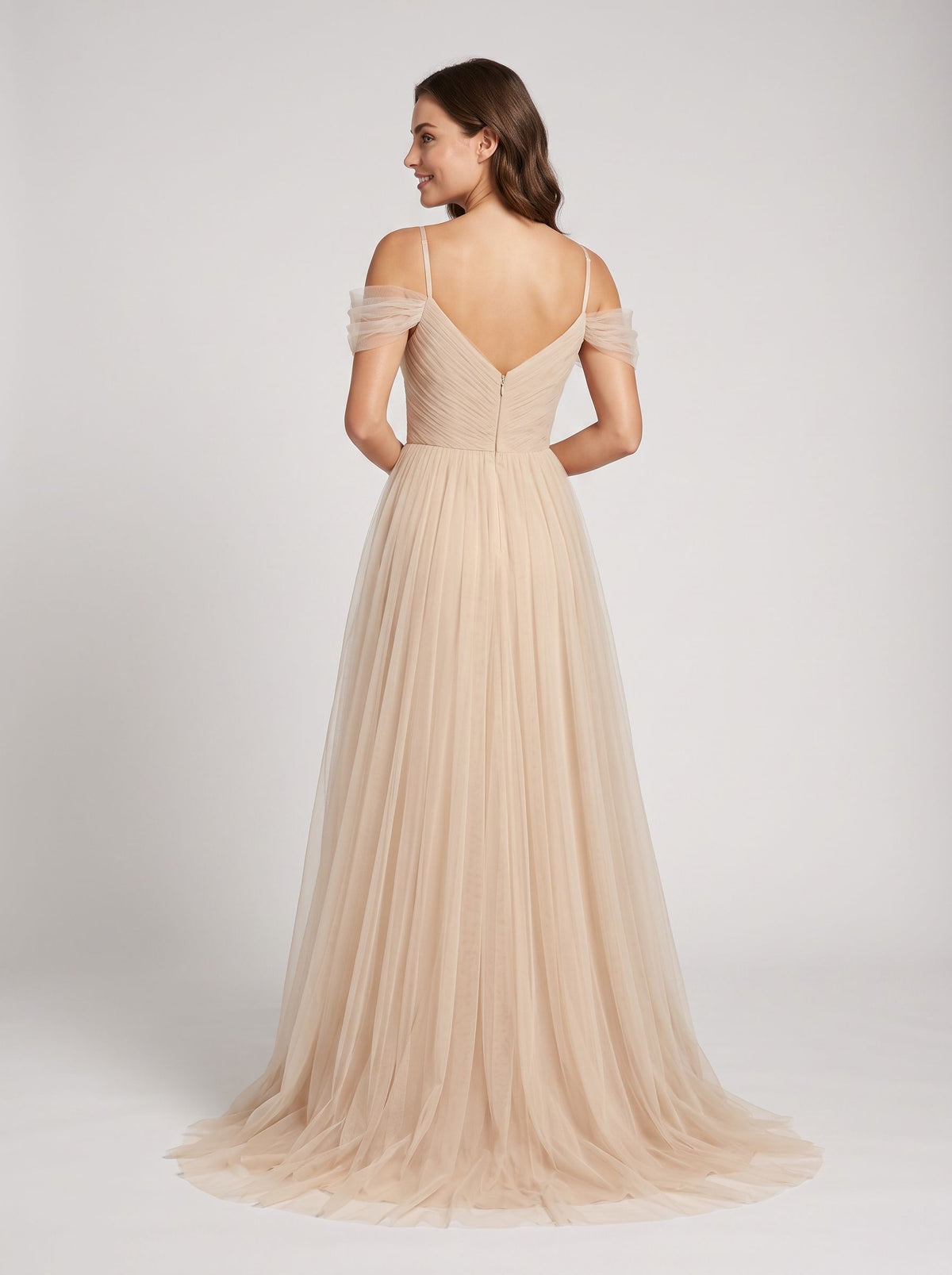 Champagne Tulle A-Line Off-the-Shoulder V-Back Floor-Length Dress with Layered Skirt - Curvevia