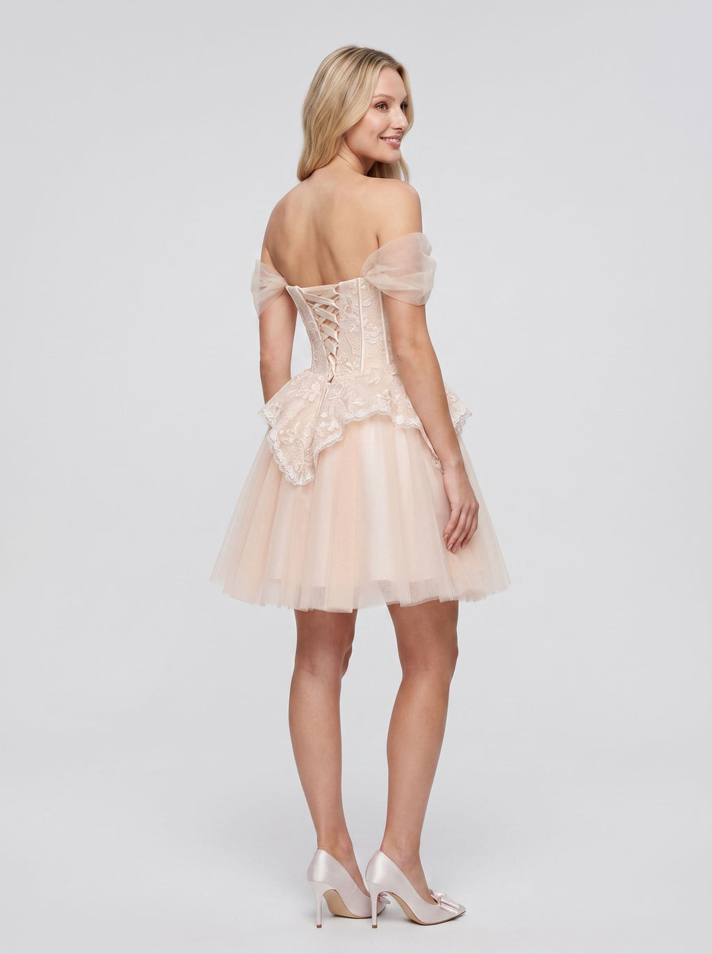 Pink Tulle A-Line Off-the-Shoulder Criss-Cross Straps Short Dress with Pearl Appliques - Curvevia