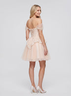 Pink Tulle A-Line Off-the-Shoulder Criss-Cross Straps Short Dress with Pearl Appliques - Curvevia