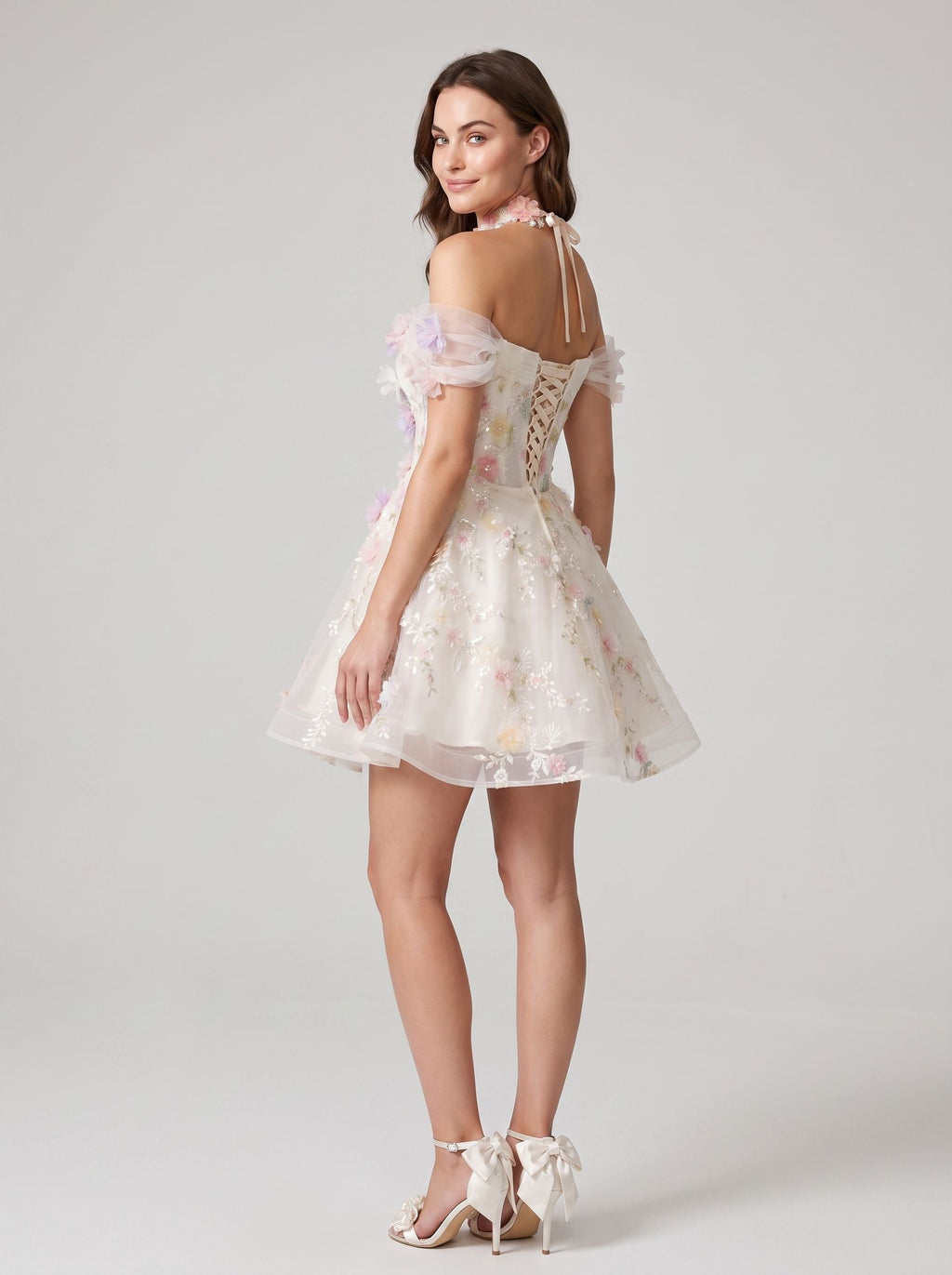 White Tulle A-Line Off-the-Shoulder Lace-up Short Dress with 3D Florals - Curvevia