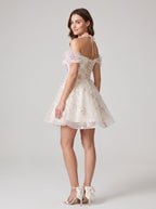 White Tulle A-Line Off-the-Shoulder Lace-up Short Dress with 3D Florals - Curvevia