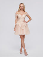 Pink Tulle A-Line Off-the-Shoulder Criss-Cross Straps Short Dress with Pearl Appliques - Curvevia
