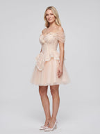 Pink Tulle A-Line Off-the-Shoulder Criss-Cross Straps Short Dress with Pearl Appliques - Curvevia