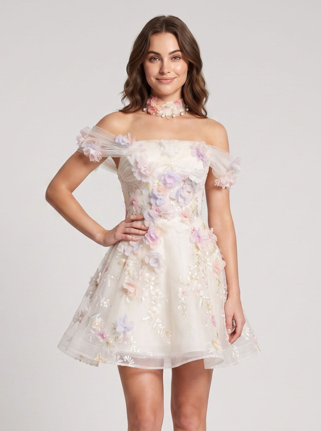 White Tulle A-Line Off-the-Shoulder Lace-up Short Dress with 3D Florals - Curvevia