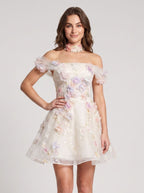 White Tulle A-Line Off-the-Shoulder Lace-up Short Dress with 3D Florals - Curvevia