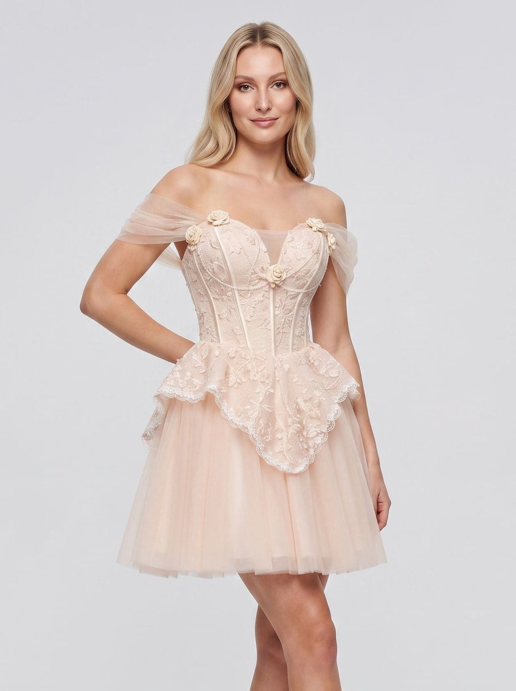 Pink Tulle A-Line Off-the-Shoulder Criss-Cross Straps Short Dress with Pearl Appliques - Curvevia