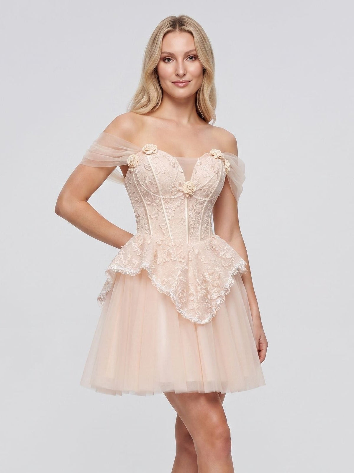 Pink Tulle A-Line Off-the-Shoulder Criss-Cross Straps Short Dress with Pearl Appliques - Curvevia