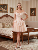 Pink Tulle A-Line Off-the-Shoulder Criss-Cross Straps Short Dress with Pearl Appliques - Curvevia