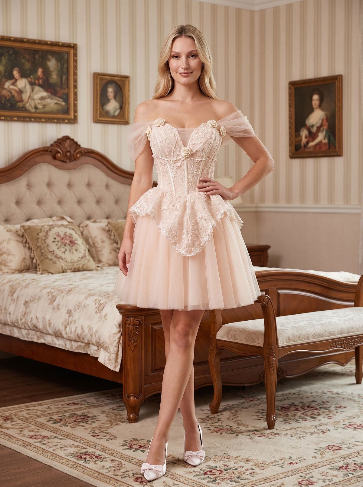 Pink Tulle A-Line Off-the-Shoulder Criss-Cross Straps Short Dress with Pearl Appliques - Curvevia