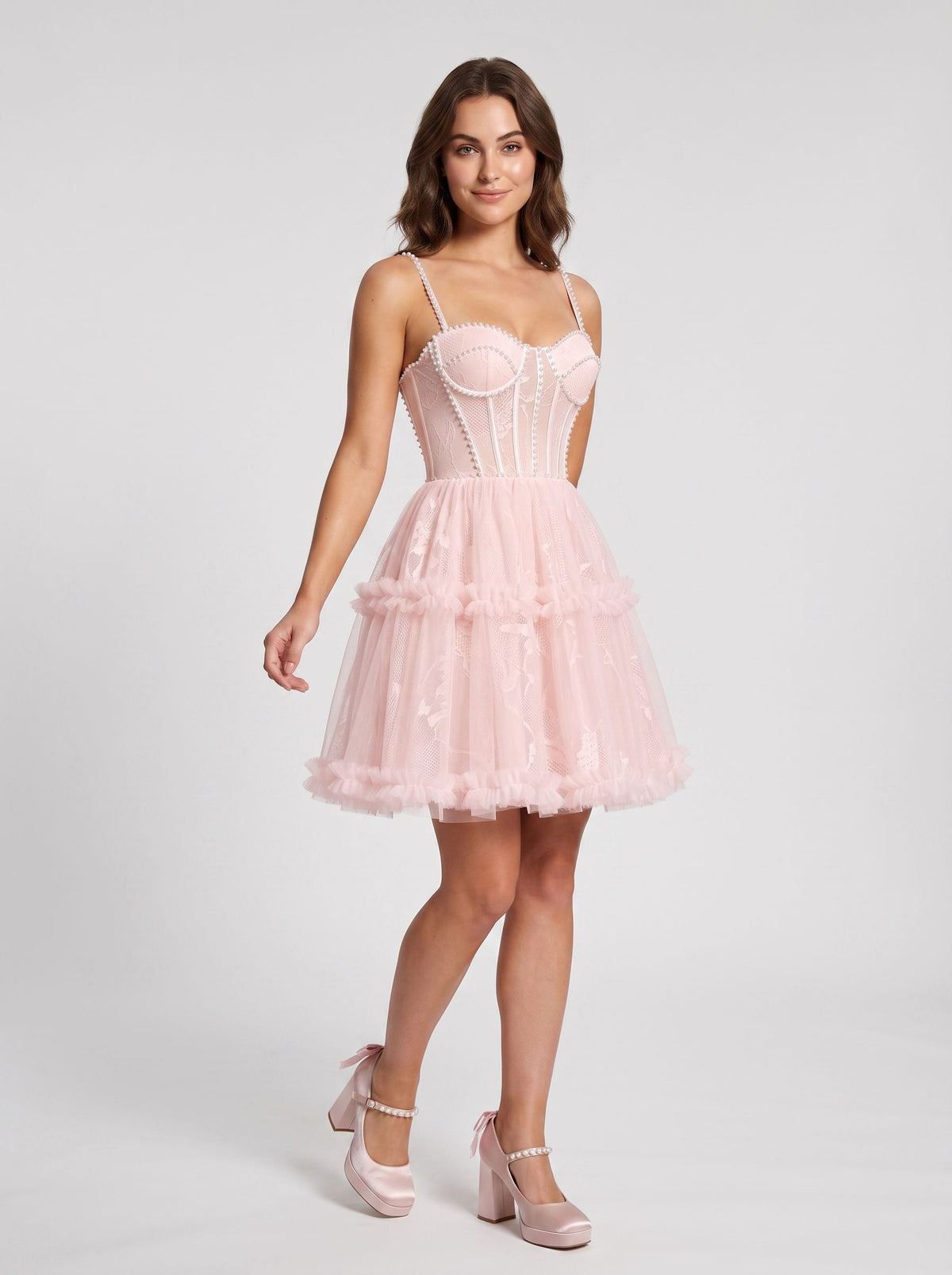 Blushing Pink Tulle A-Line Sweetheart Criss-Cross Straps Short Dress with Beaded Bodice - Curvevia