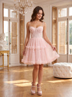 Blushing Pink Tulle A-Line Sweetheart Criss-Cross Straps Short Dress with Beaded Bodice - Curvevia