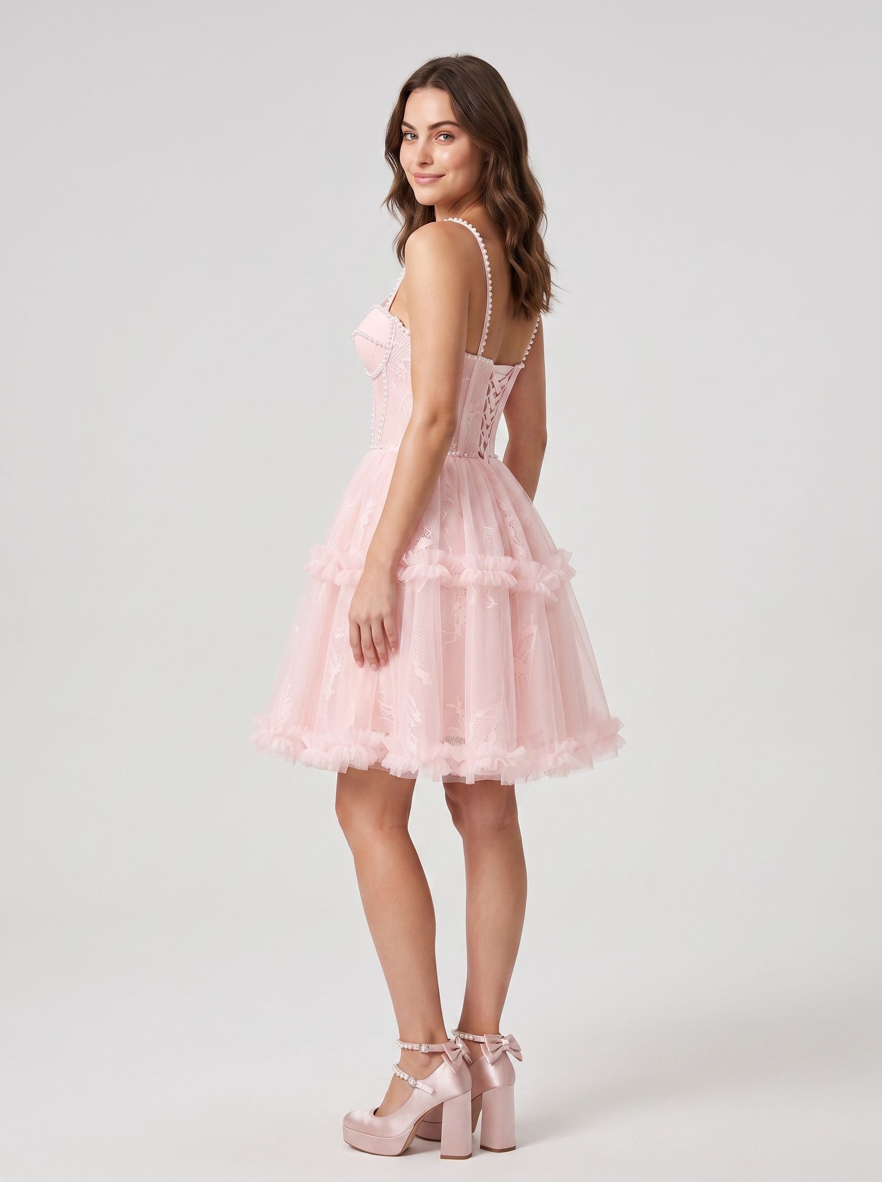 Blushing Pink Tulle A-Line Sweetheart Criss-Cross Straps Short Dress with Beaded Bodice - Curvevia