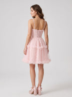 Blushing Pink Tulle A-Line Sweetheart Criss-Cross Straps Short Dress with Beaded Bodice - Curvevia