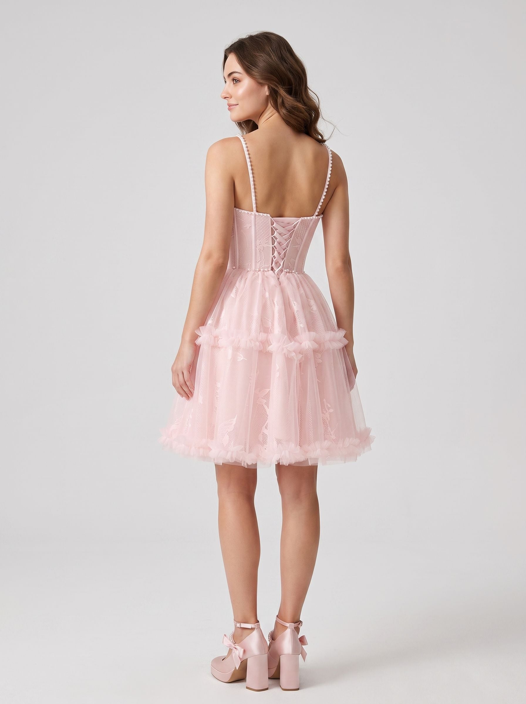 Blushing Pink Tulle A-Line Sweetheart Criss-Cross Straps Short Dress with Beaded Bodice - Curvevia