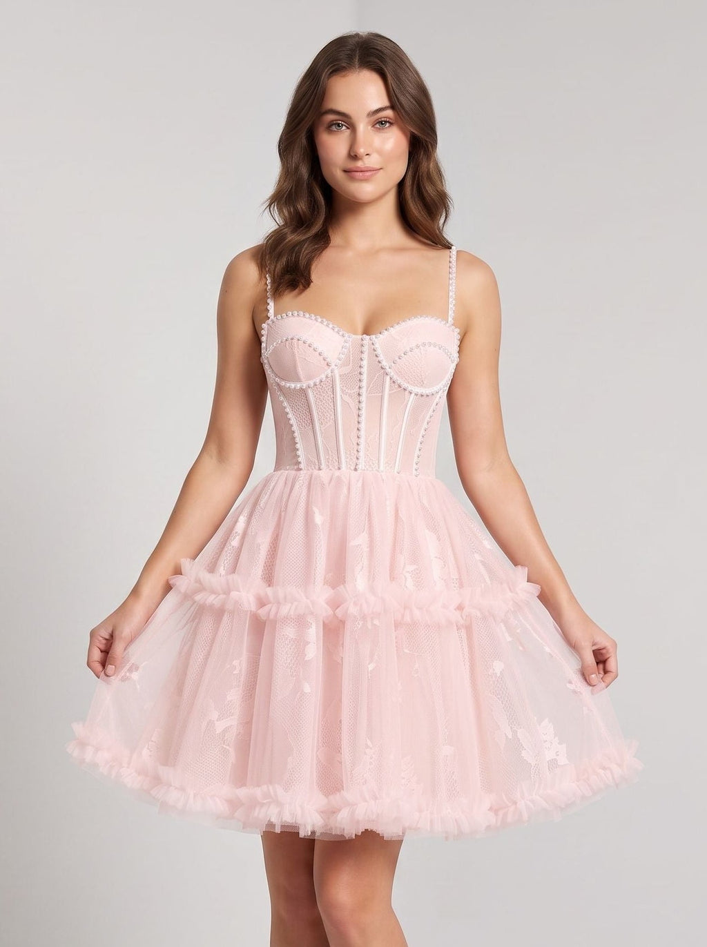 Blushing Pink Tulle A-Line Sweetheart Criss-Cross Straps Short Dress with Beaded Bodice - Curvevia