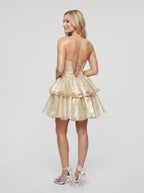 Champagne Satin A-Line Sweetheart Lace-up Short Dress with Cascading Ruffles - Curvevia