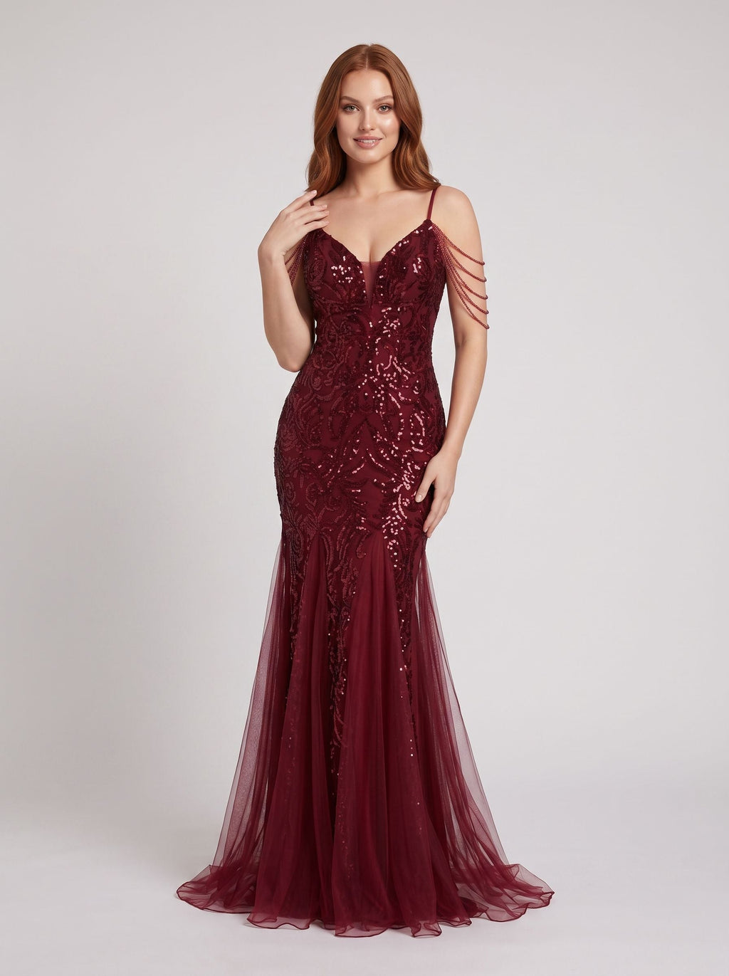 Burgundy Tulle mermaid V-Neck Back Zip Floor-Length Dress with 3D Flower Appliques and Beading - Curvevia