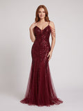 Burgundy Tulle mermaid V-Neck Back Zip Floor-Length Dress with 3D Flower Appliques and Beading - Curvevia