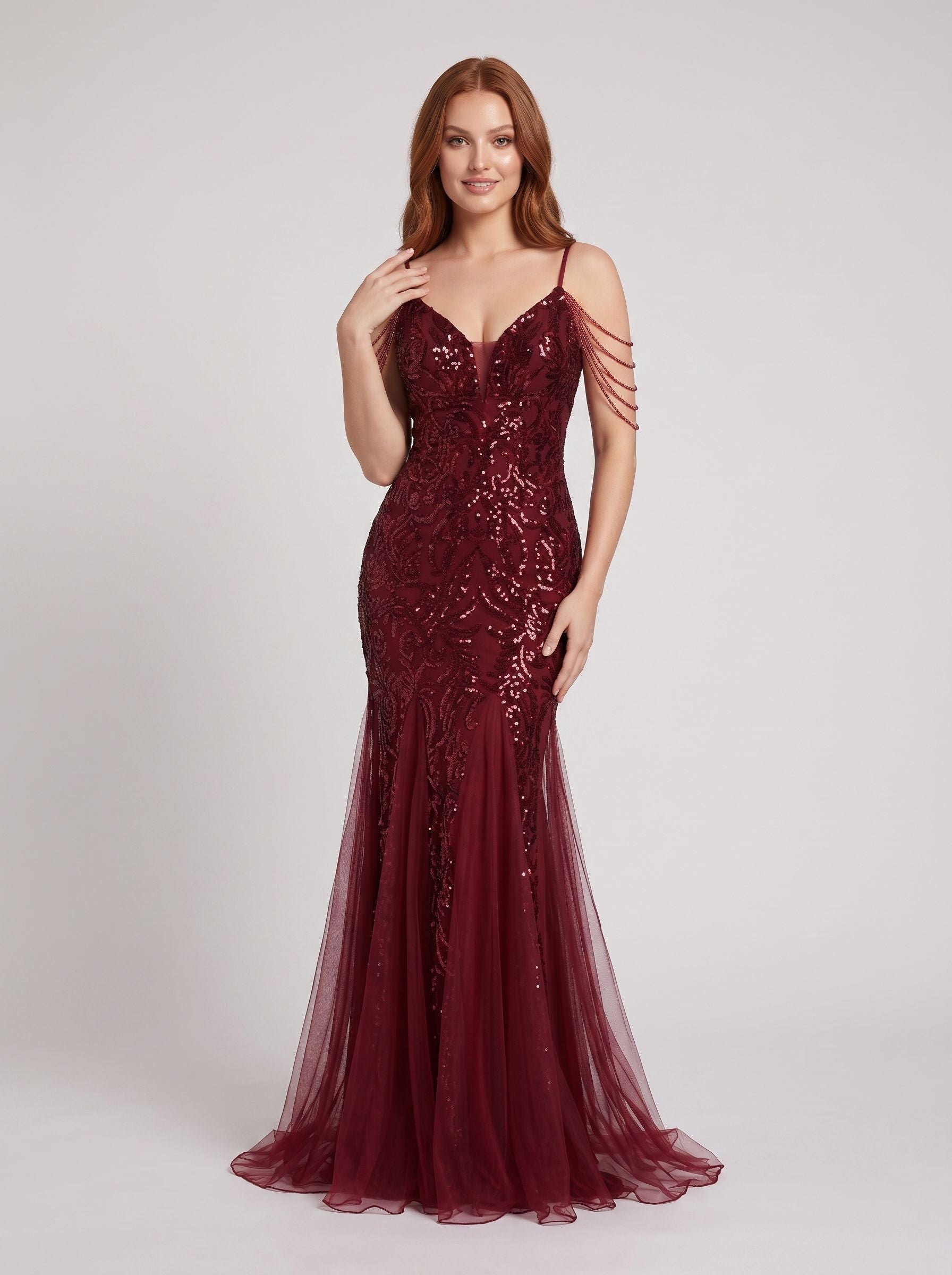 Burgundy Tulle mermaid V-Neck Back Zip Floor-Length Dress with 3D Flower Appliques and Beading - Curvevia