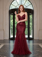 Burgundy Tulle mermaid V-Neck Back Zip Floor-Length Dress with 3D Flower Appliques and Beading - Curvevia