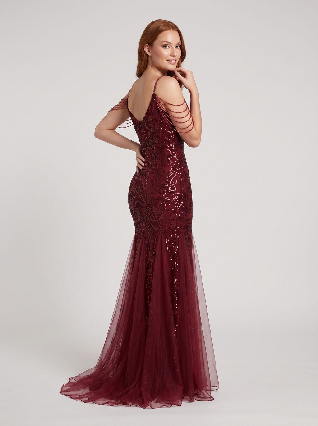 Burgundy Tulle mermaid V-Neck Back Zip Floor-Length Dress with 3D Flower Appliques and Beading - Curvevia
