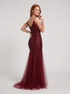 Burgundy Tulle mermaid V-Neck Back Zip Floor-Length Dress with 3D Flower Appliques and Beading - Curvevia