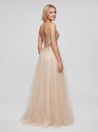 Sand Tulle A-Line Sweetheart Corset Back Floor-Length Dress with Crystal-Beaded Bodice - Curvevia