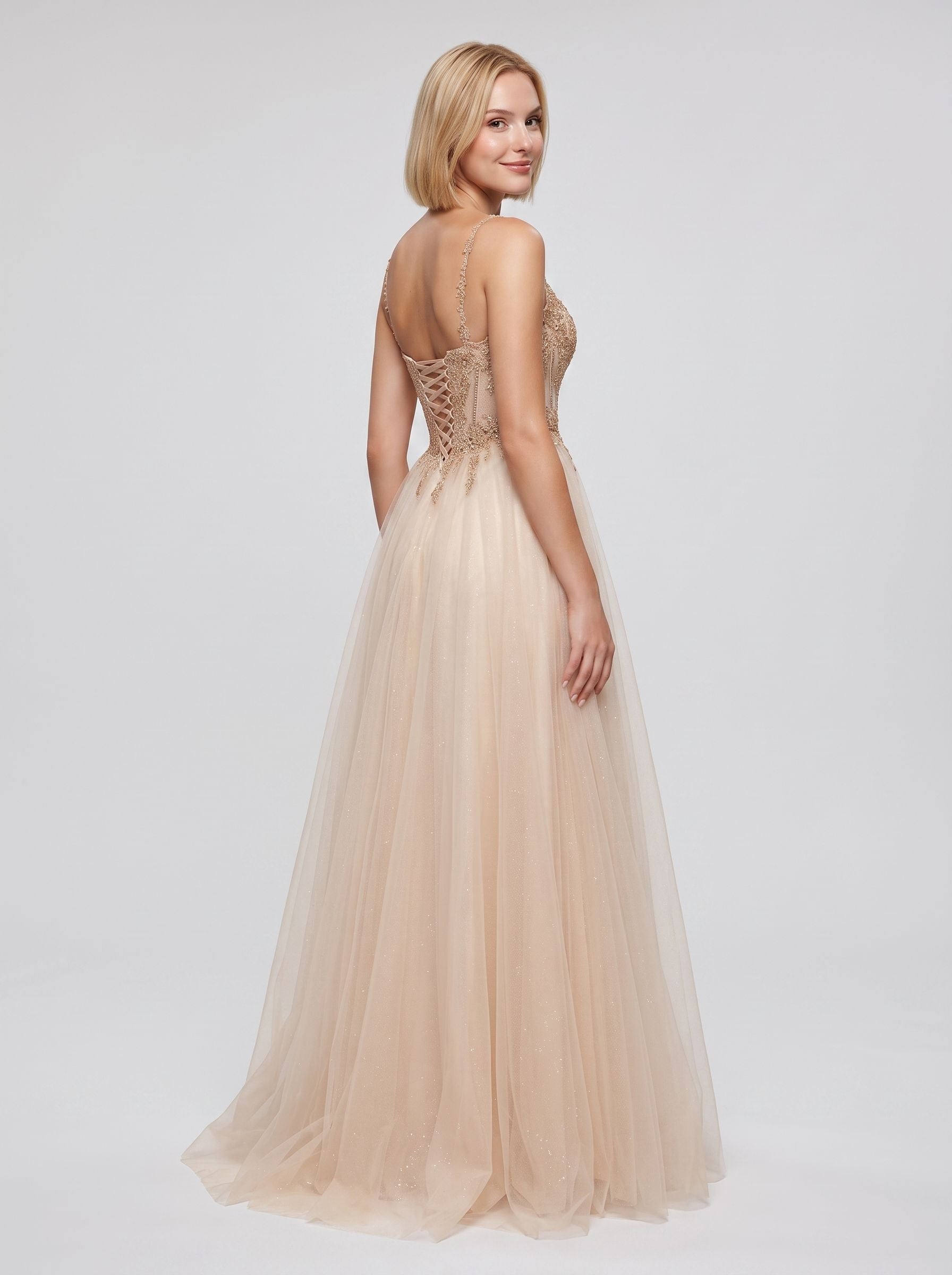 Sand Tulle A-Line Sweetheart Corset Back Floor-Length Dress with Crystal-Beaded Bodice - Curvevia