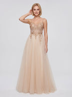 Sand Tulle A-Line Sweetheart Corset Back Floor-Length Dress with Crystal-Beaded Bodice - Curvevia