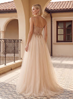 Sand Tulle A-Line Sweetheart Corset Back Floor-Length Dress with Crystal-Beaded Bodice - Curvevia