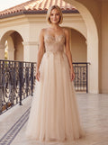 Sand Tulle A-Line Sweetheart Corset Back Floor-Length Dress with Crystal-Beaded Bodice - Curvevia
