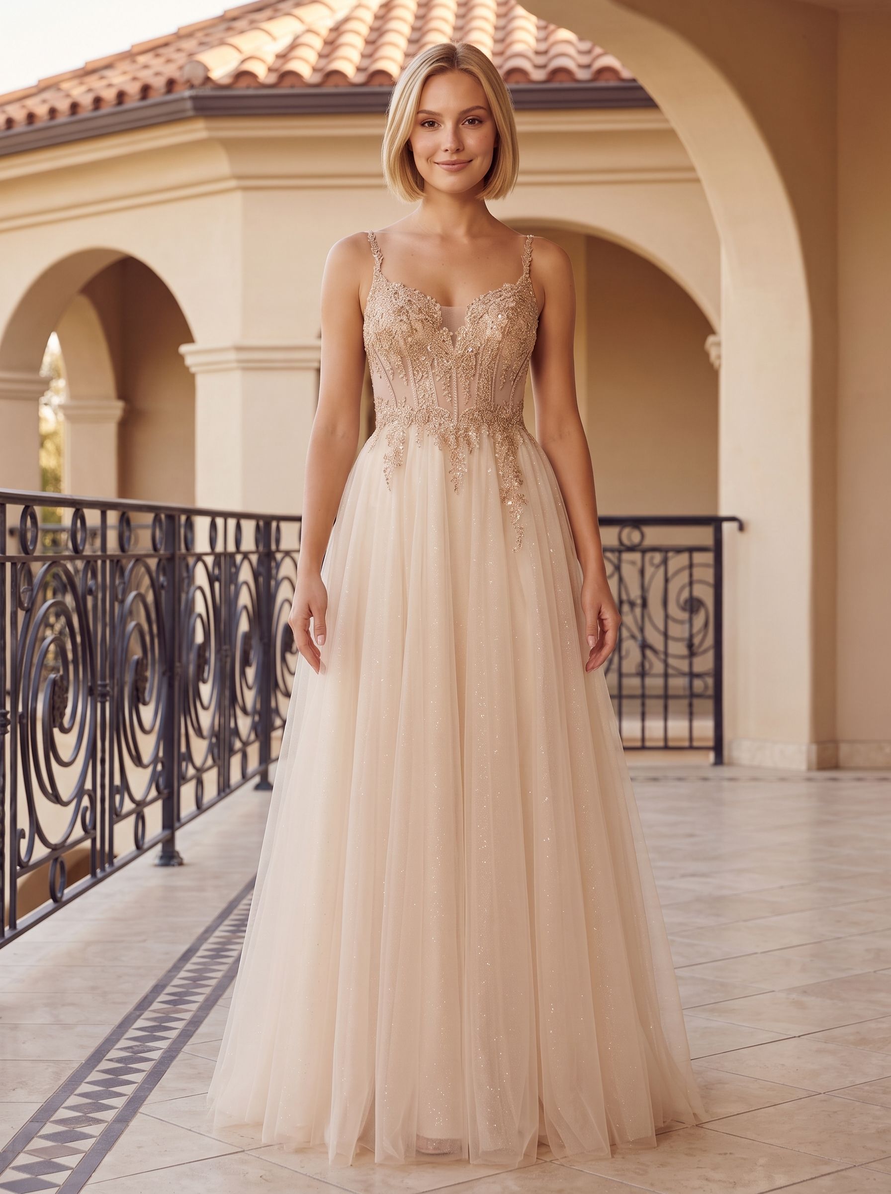 Sand Tulle A-Line Sweetheart Corset Back Floor-Length Dress with Crystal-Beaded Bodice - Curvevia