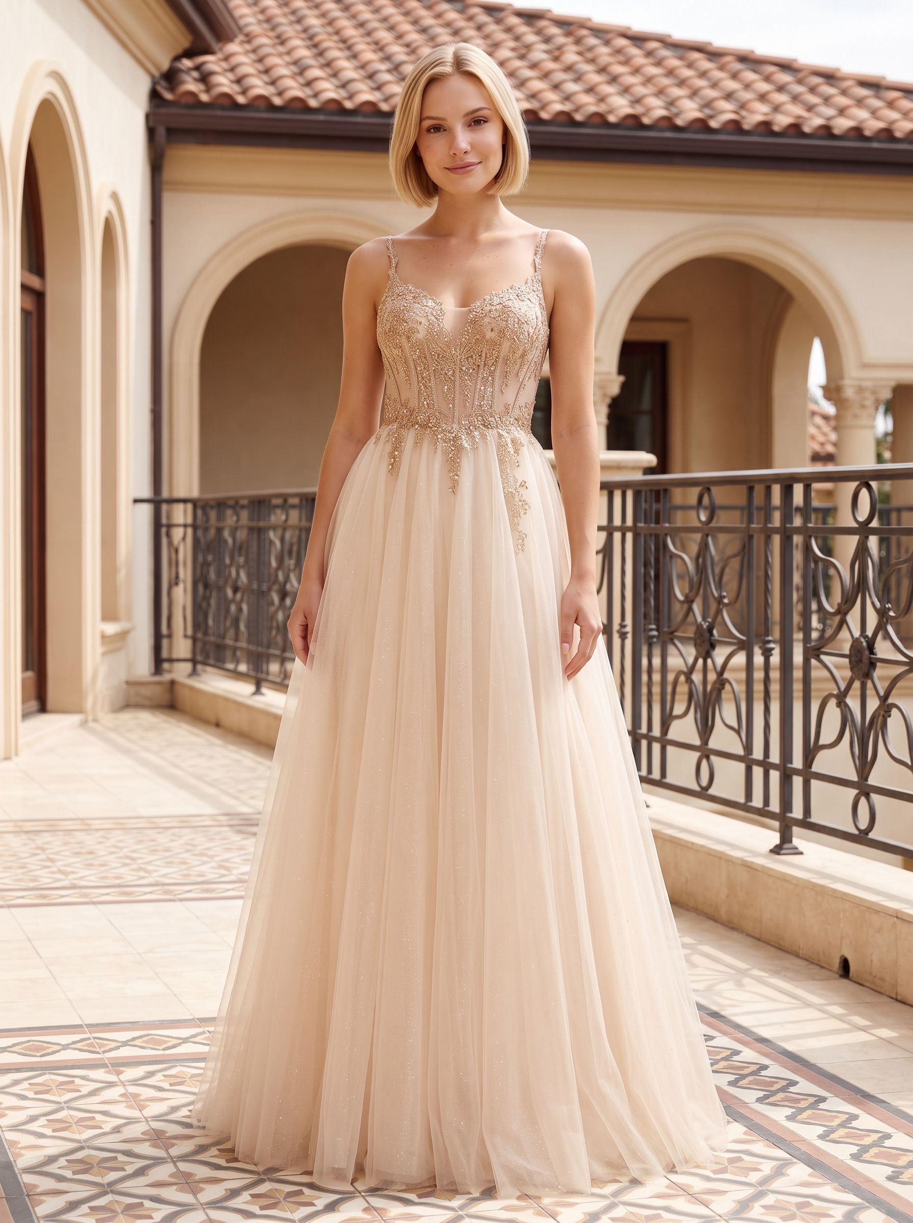 Sand Tulle A-Line Sweetheart Corset Back Floor-Length Dress with Crystal-Beaded Bodice - Curvevia