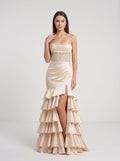 Champagne Satin Mermaid Straight Neck Corset Back Floor-Length Dress with Sequined Lace Bodice - Curvevia