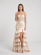 Champagne Satin Mermaid Straight Neck Corset Back Floor-Length Dress with Sequined Lace Bodice - Curvevia