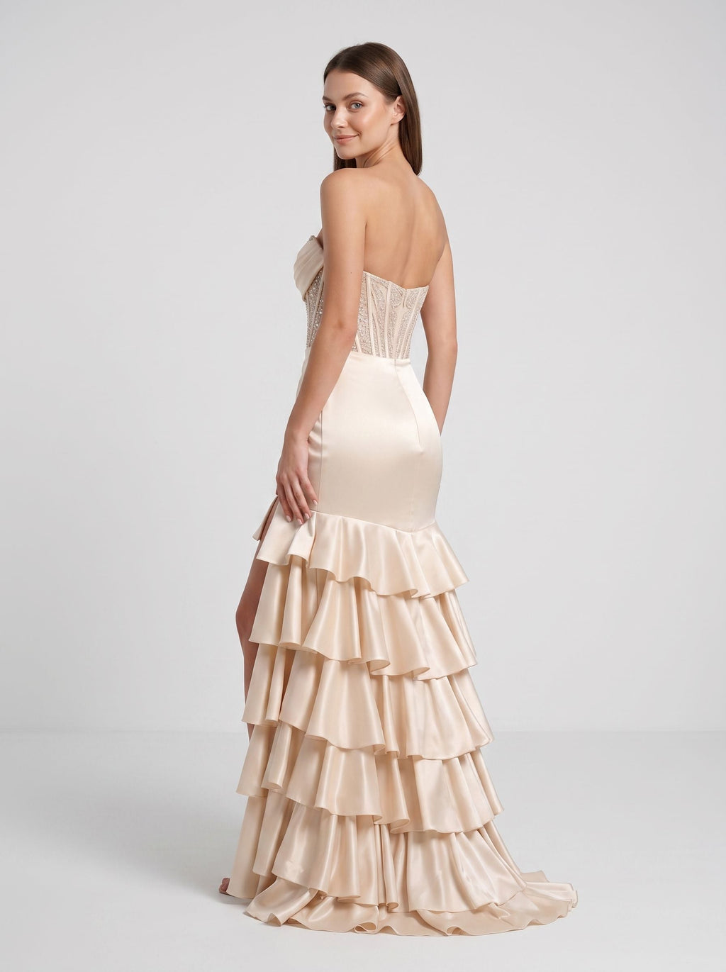 Champagne Satin Mermaid Straight Neck Corset Back Floor-Length Dress with Sequined Lace Bodice - Curvevia