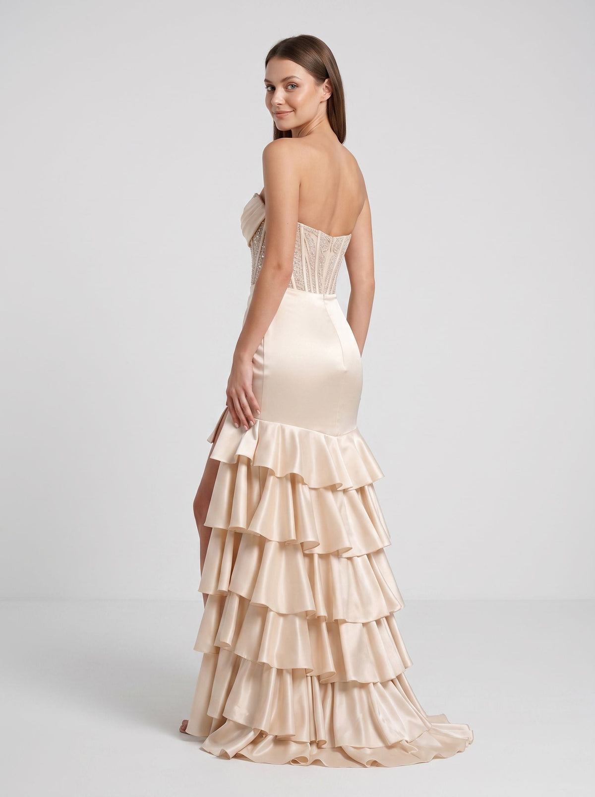 Champagne Satin Mermaid Straight Neck Corset Back Floor-Length Dress with Sequined Lace Bodice - Curvevia