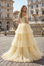 Red Tulle Off-the-Shoulder Ruffle Tiered Long Prom Dress - Curvevia