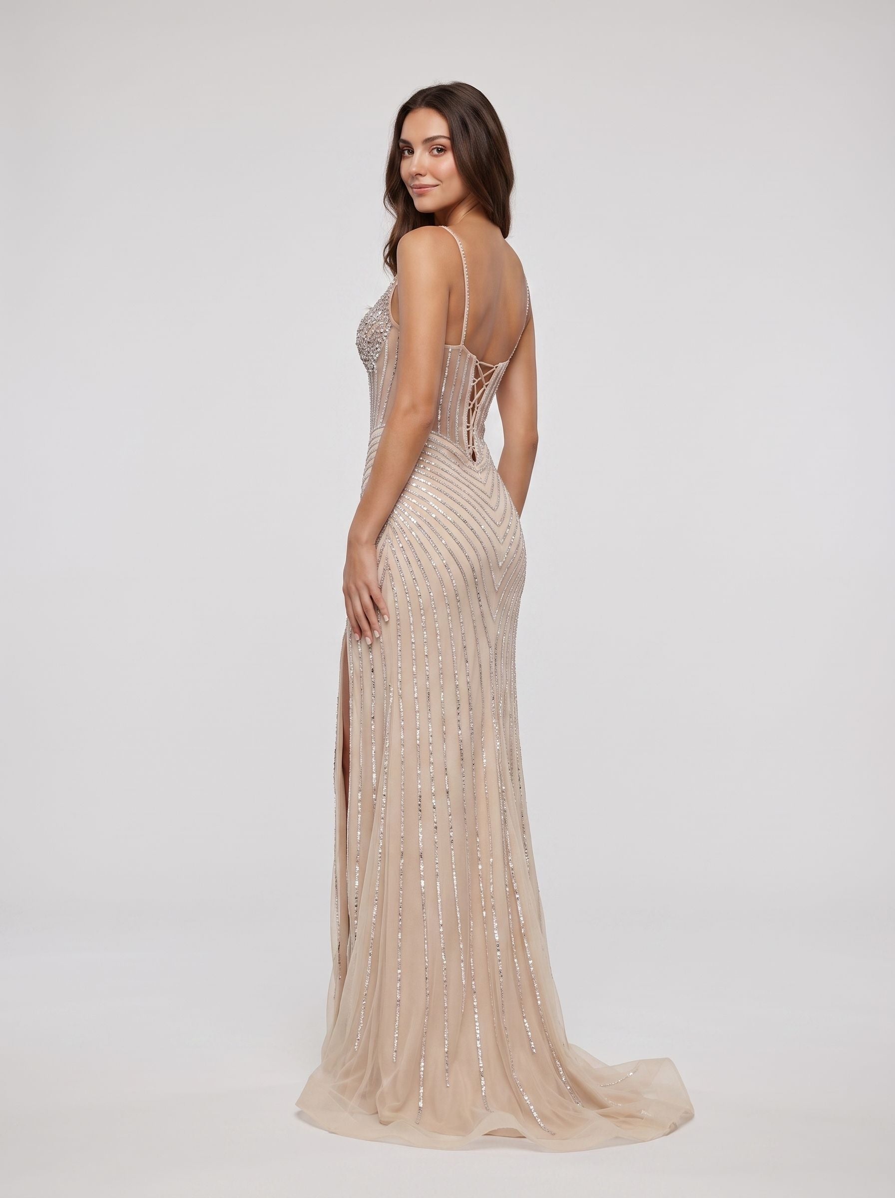 Sand Tulle Sheath V-Neck Lace-up Floor-Length Dress with Sheer Beaded Corset and Slit - Curvevia