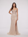 Sand Tulle Sheath V-Neck Lace-up Floor-Length Dress with Sheer Beaded Corset and Slit - Curvevia