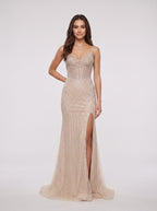Sand Tulle Sheath V-Neck Lace-up Floor-Length Dress with Sheer Beaded Corset and Slit - Curvevia