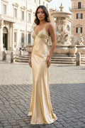 Blue Spaghetti Straps Sheath Satin Long Prom Dresses With Appliques - Curvevia