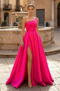 Charming A Line One Shoulder Fuchsia Satin Long Evening Dress with Slit - Curvevia