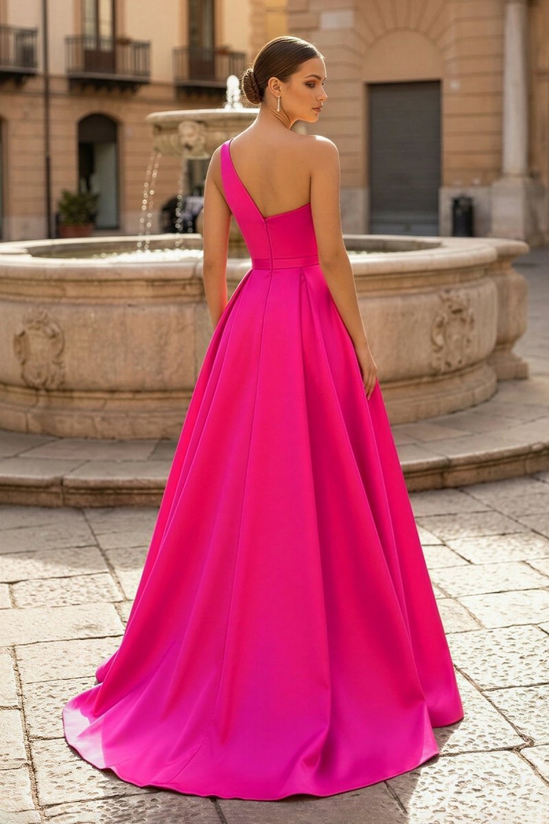 Charming A Line One Shoulder Fuchsia Satin Long Evening Dress with Slit - Curvevia