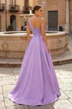 Charming A Line One Shoulder Fuchsia Satin Long Evening Dress with Slit - Curvevia