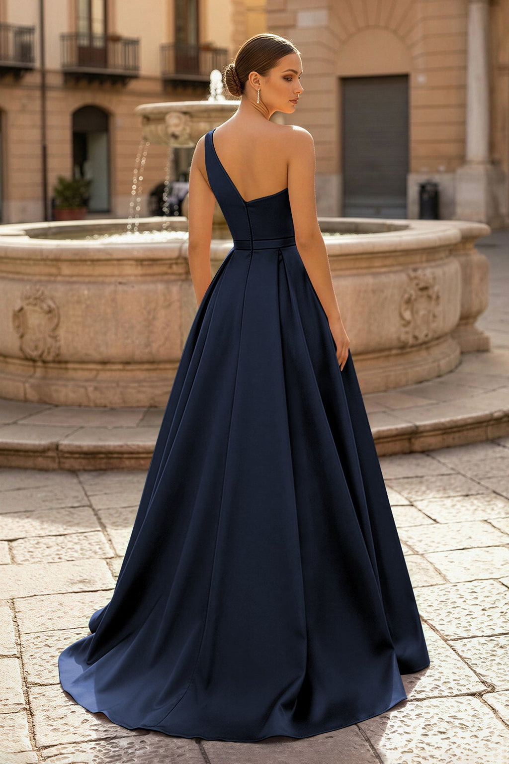Charming A Line One Shoulder Fuchsia Satin Long Evening Dress with Slit - Curvevia