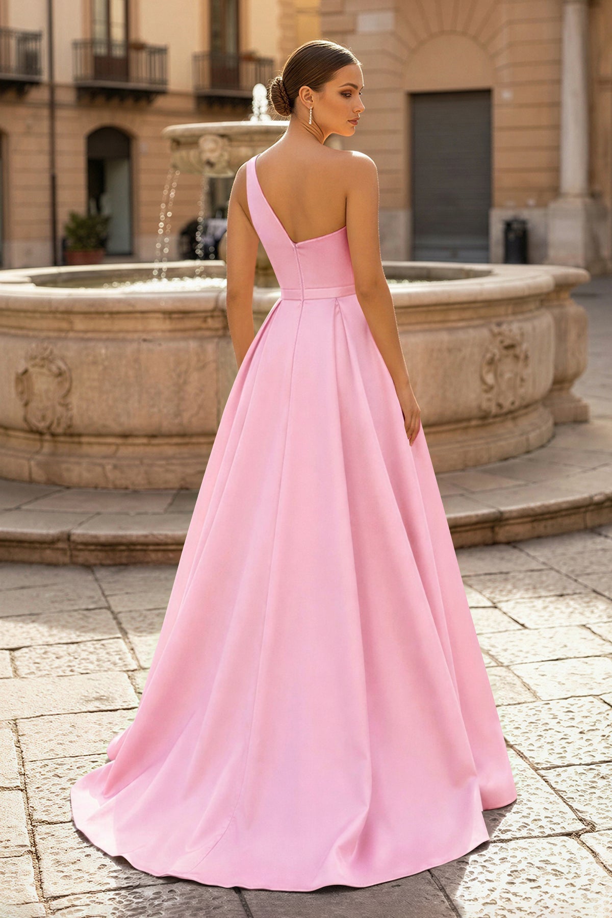 Charming A Line One Shoulder Fuchsia Satin Long Evening Dress with Slit - Curvevia